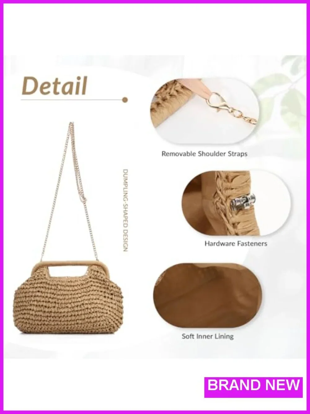 Woven Straw Dumpling Clutch Bag with Detachable Chain, Summer Beach Clutch Purse